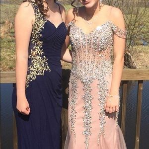 Navy Blue prom dress with gold accent.